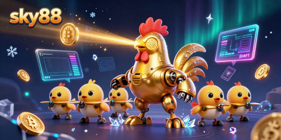 Experience thrilling gameplay at sky88 with golden rooster robot and crypto jewels, symbolizing fast-paced betting.