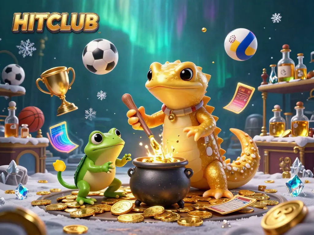 Experience the HITCLUB magic with a golden salamander alchemist creating treasure in this vibrant casino scene.