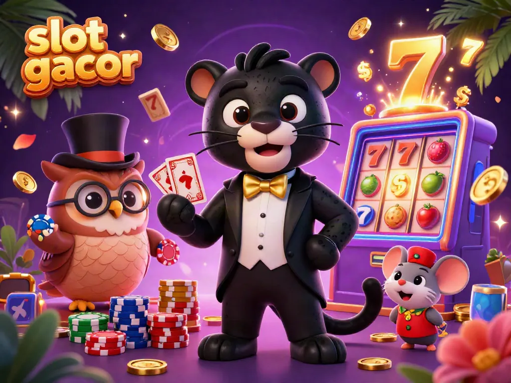 Spin and win big with slot gacor in this vibrant 3D illustration of a stylish casino scene.