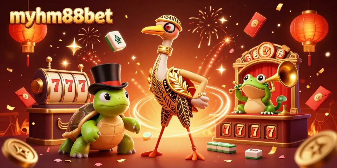 Join the vibrant excitement of myhm88bet with a festive casino scene featuring dynamic characters and rich gaming elements.