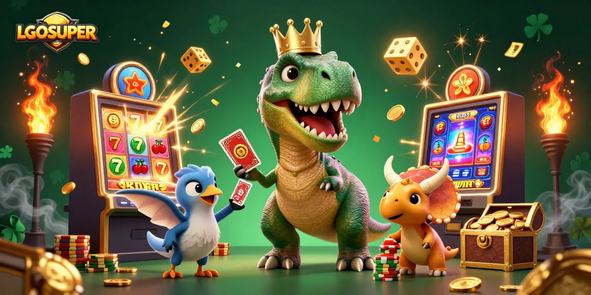 Play with LGOSUPER as T-Rex shuffles cards in a dynamic online casino scene.