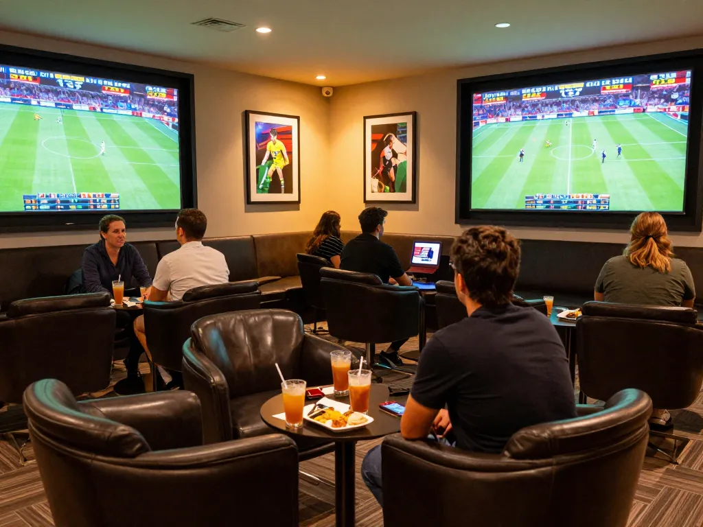 Kèo nhà cái hôm nay in a luxurious sports betting lounge with bettors engrossed in live game analysis.