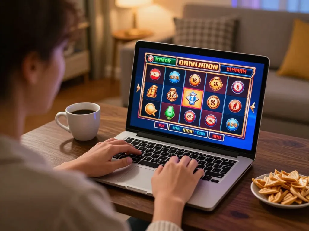 Player engages in sun win online gambling session at home with laptop showing colorful games.
