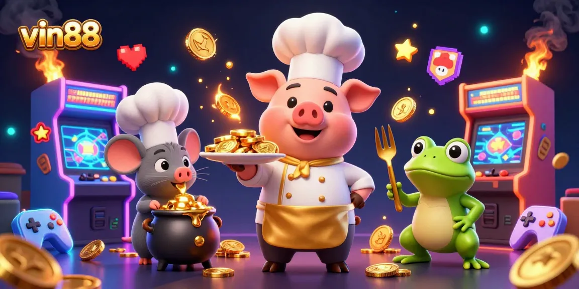 Experience vin88's vibrant casino gaming scene with a chef pig serving gold coins.