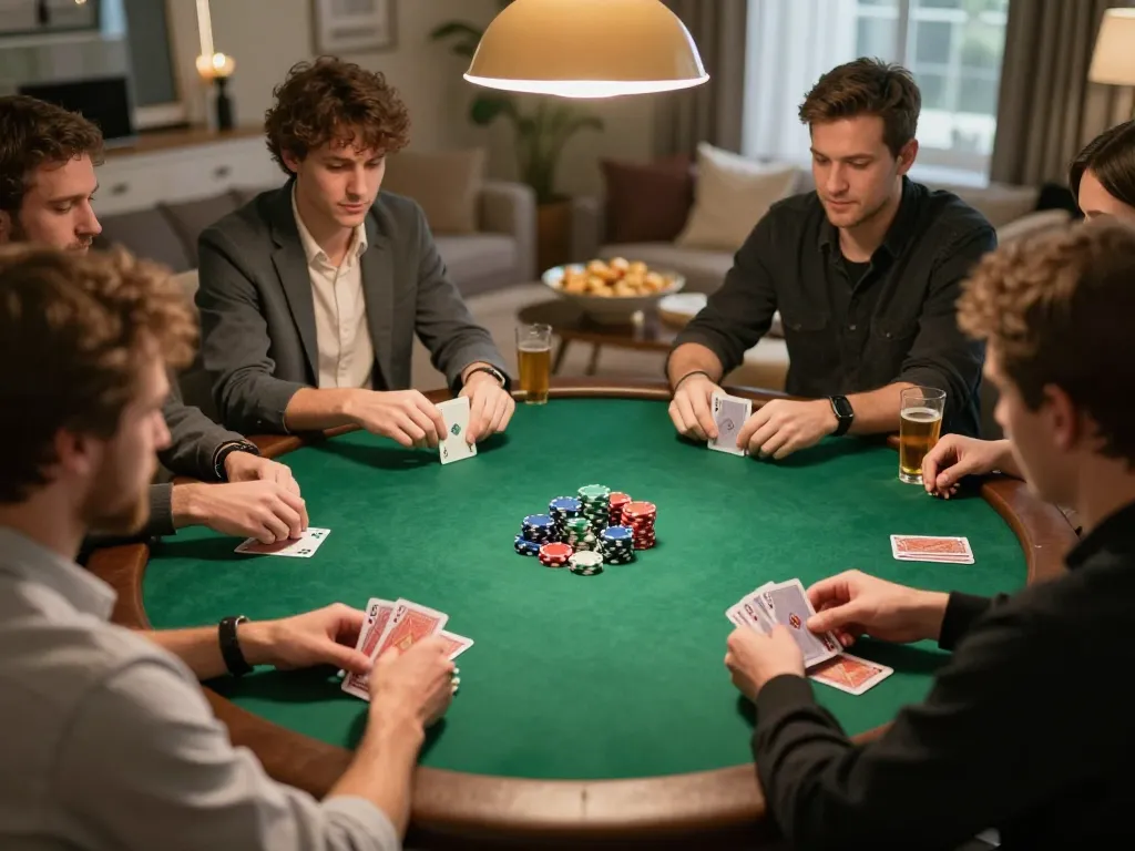 MM88 players enjoying a friendly poker game at home, emphasizing social competition.