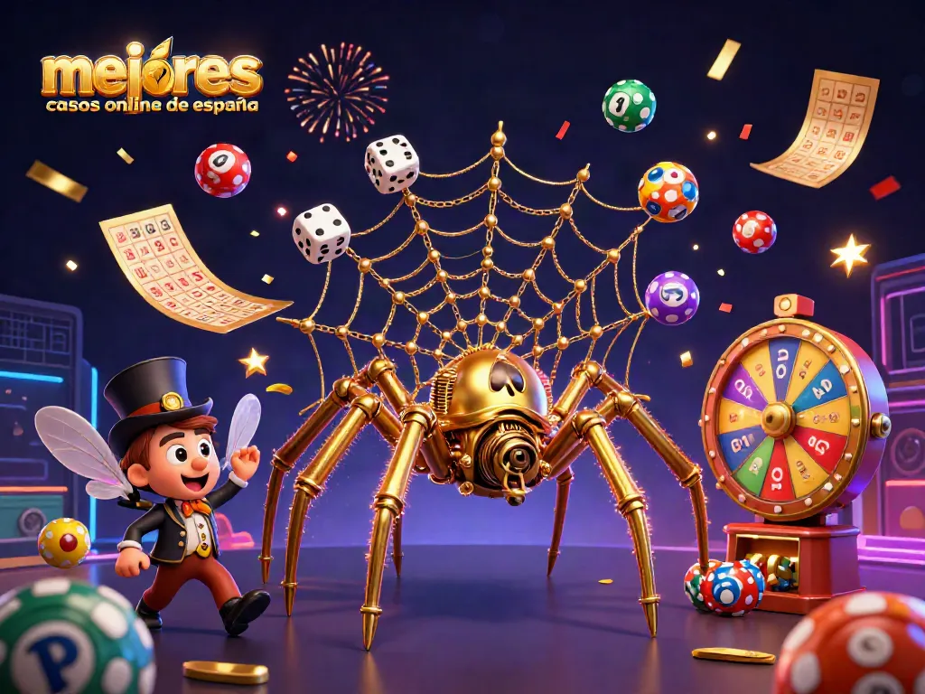 Conociendo los mejores casinos online de España, este diseño vibrante muestra una escena rica en detalles de juegos de azar.