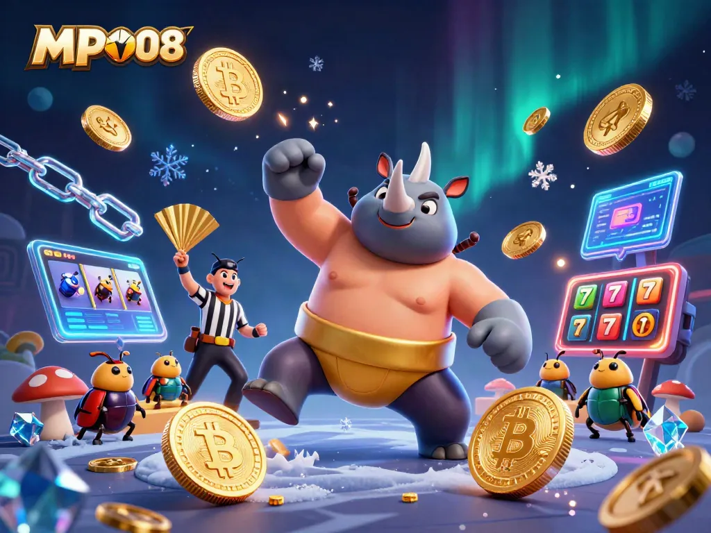 MPO08 showcases a powerful beetle champion amidst coins, slot reels, and vibrant lights.