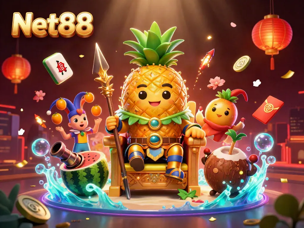 Experience excitement in Net88's vibrant casino scene with a golden pineapple king and dynamic beach elements.