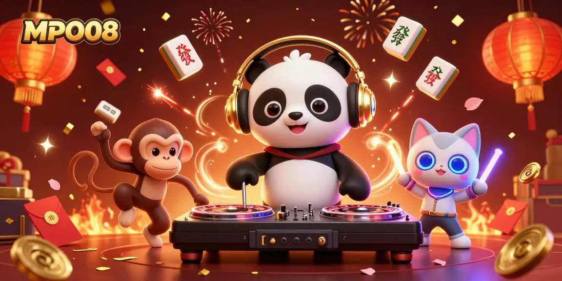 MPO08 promotes a dynamic gaming scene with a DJ panda spinning roulette wheels amidst dazzling game elements.
