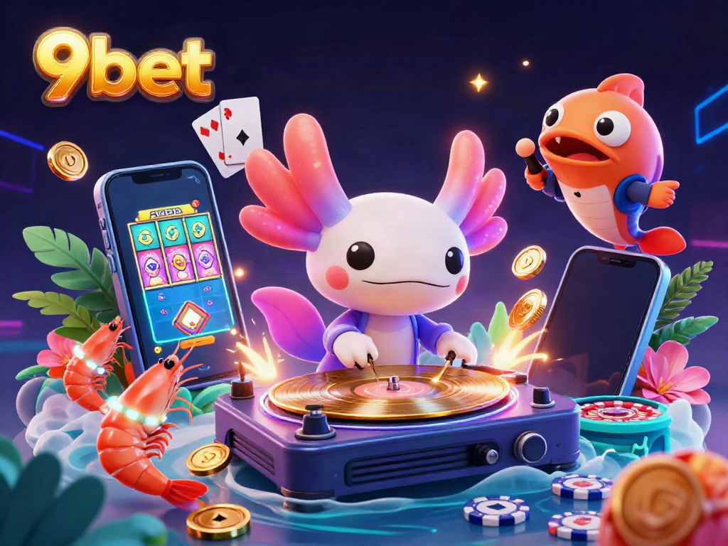 Experience excitement at 9bet with a vibrant underwater casino scene featuring a neon axolotl DJ.