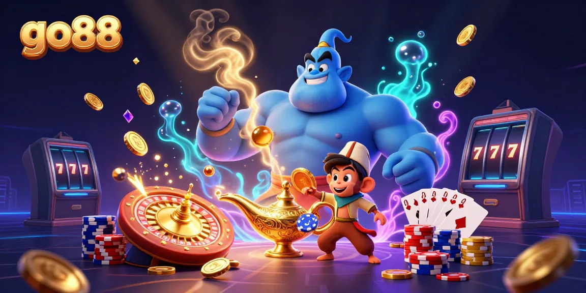 Engage with exhilarating go88 casino experiences illustrated by a mystical genie and poker chips.