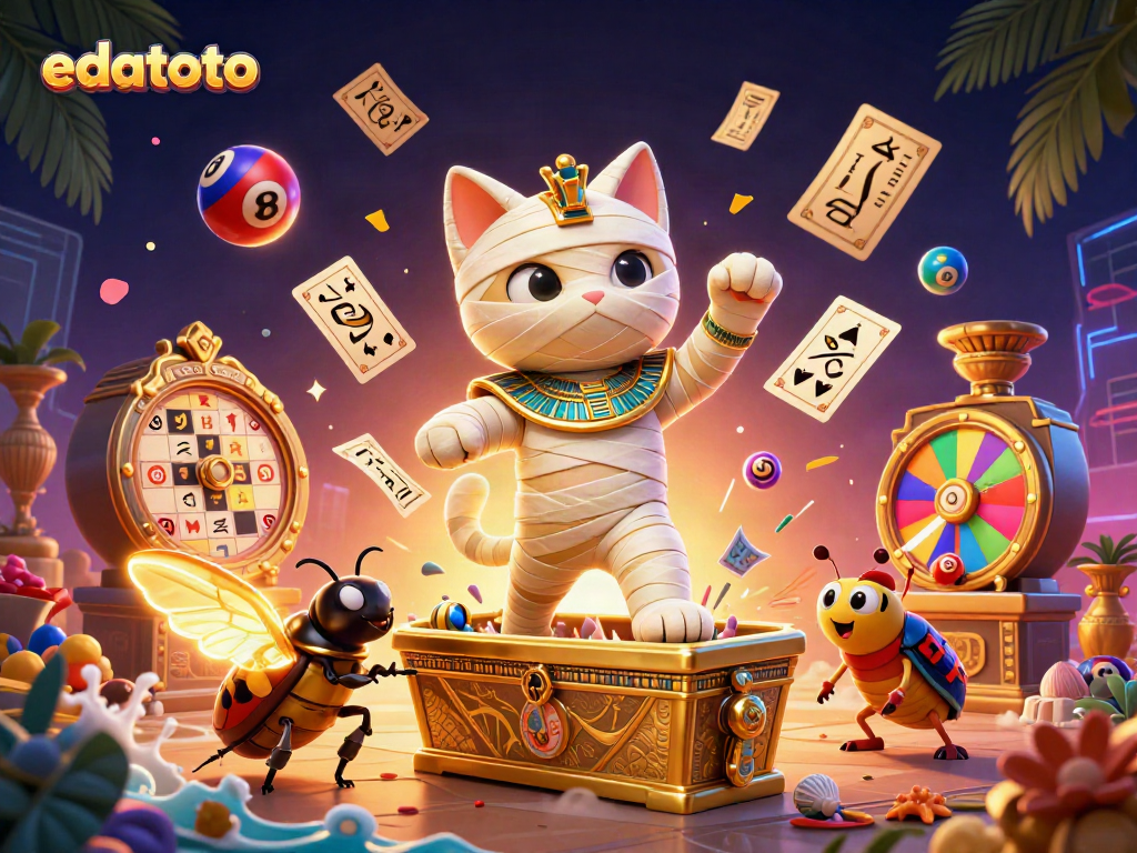 Experience the excitement of edatoto with a cartoon mummy cat and glowing scarab in a vibrant casino.