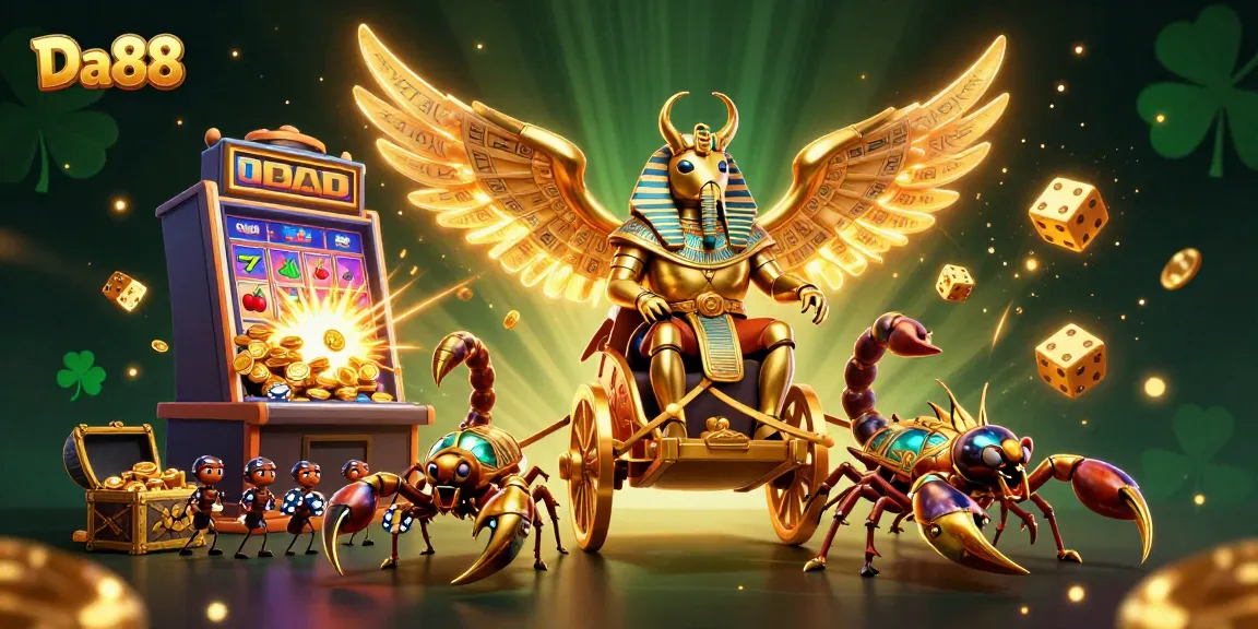 Engage with Da88 at a vibrant casino scene with golden scarab and jackpot explosion.