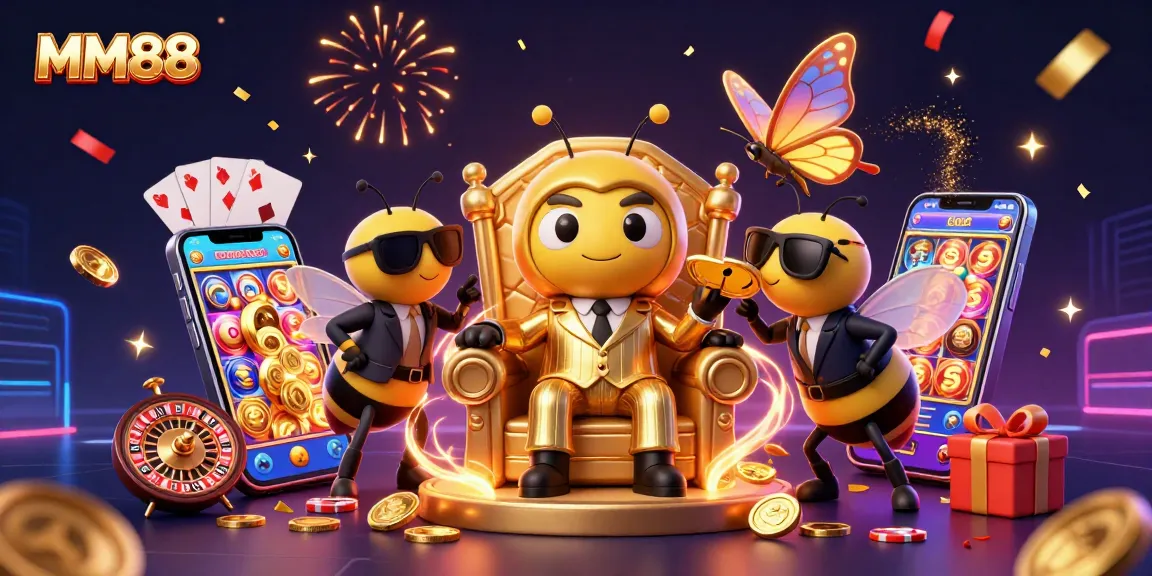 Engage with MM88's vibrant casino world featuring playful characters and dynamic gaming elements.