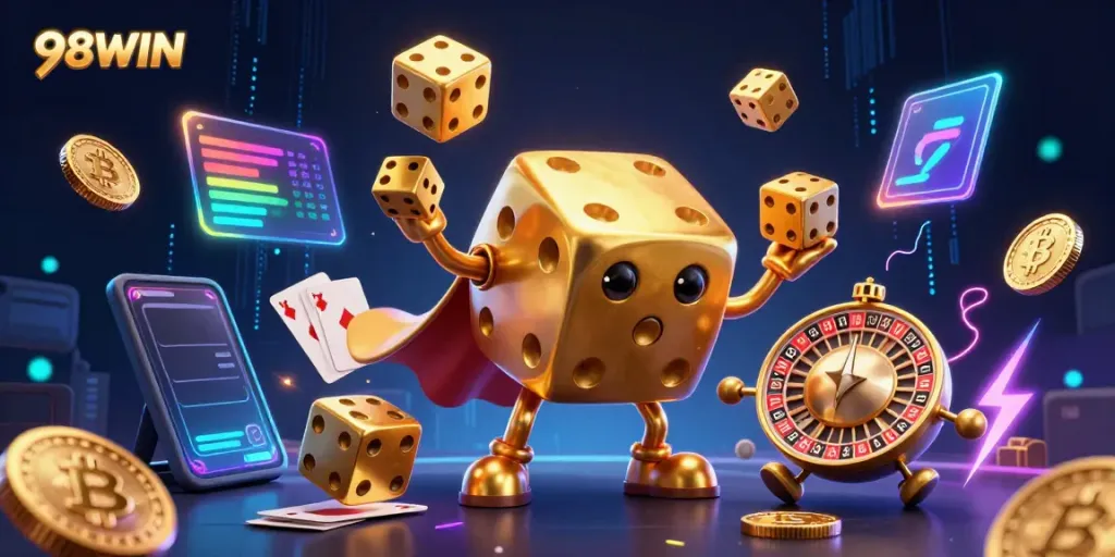 Engage with 98WIN's thrilling experience, featuring golden dice and crypto elements pulsating with excitement.