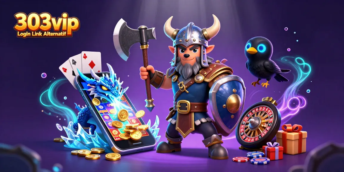 Experience thrilling gameplay with 303vip Login Link Alternatif, showcasing a Viking warrior, dragon, and rich casino elements.