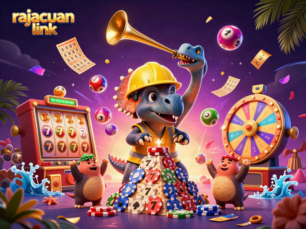 Celebrate wins in the rajacuan link casino with vibrant colorful characters and gaming elements.