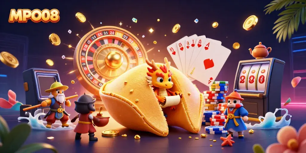 Engage with MPO08's vibrant casino world featuring golden treasures and lucky charms.