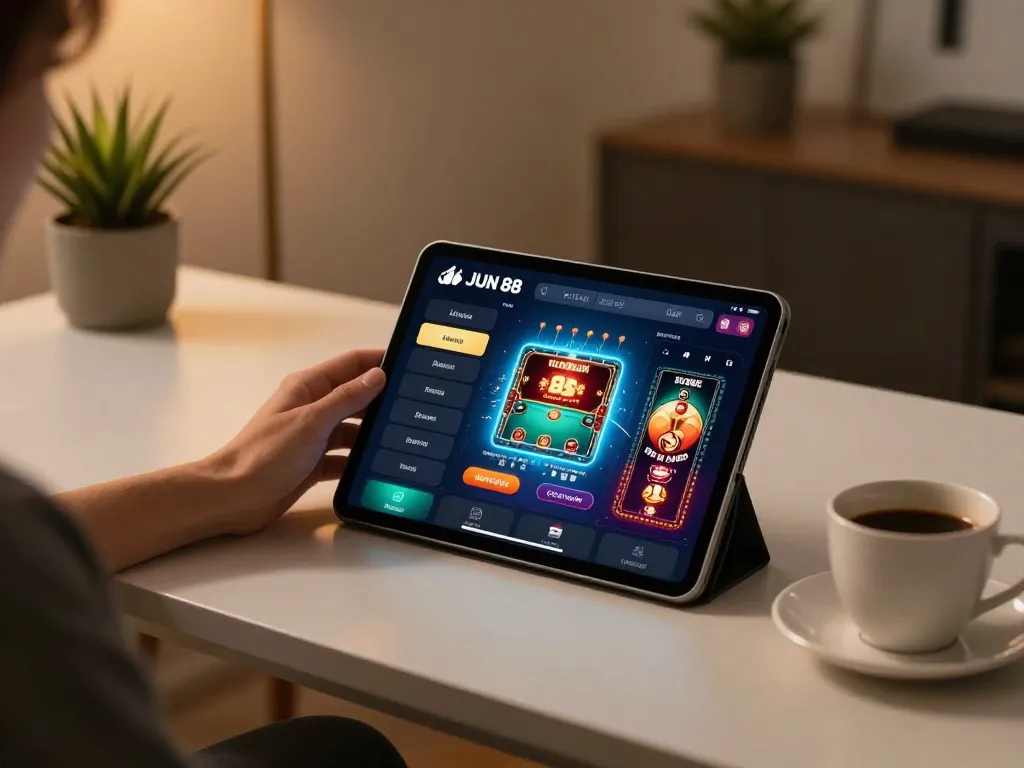 Engaging in mobile gaming with jun 88 on a stylish tablet setup, showcasing dynamic betting interface.