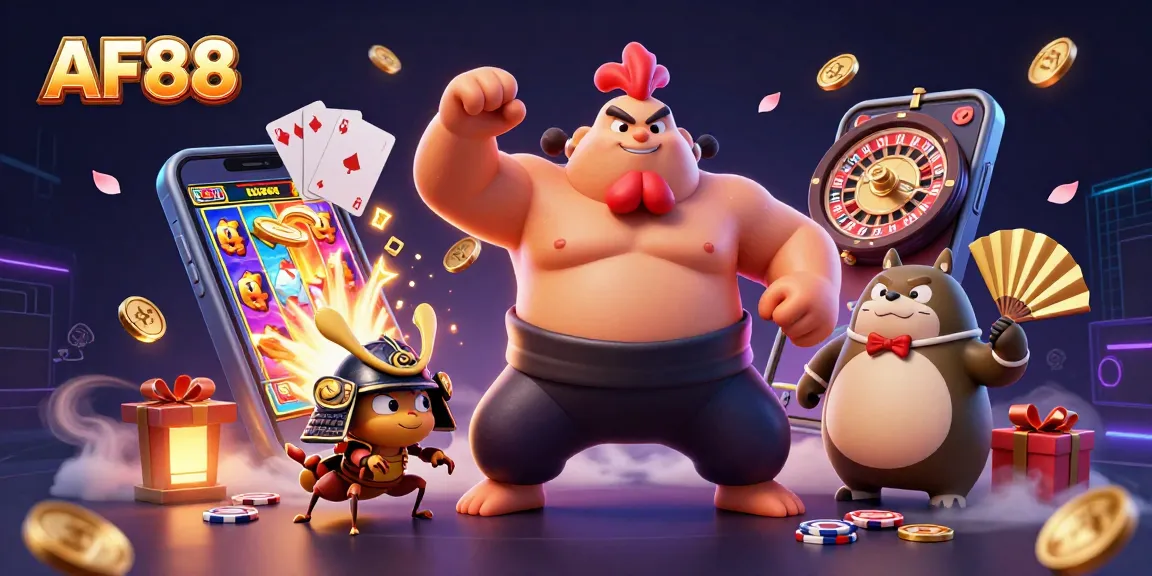 Engage with AF88's thrilling gaming experience featuring a powerful sumo wrestler and samurai cricket.