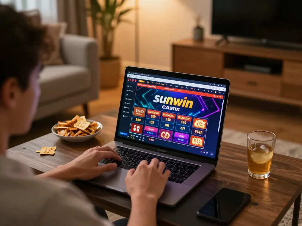 Sunwin player engaged in online casino gameplay at home with warm lighting and personal touches.