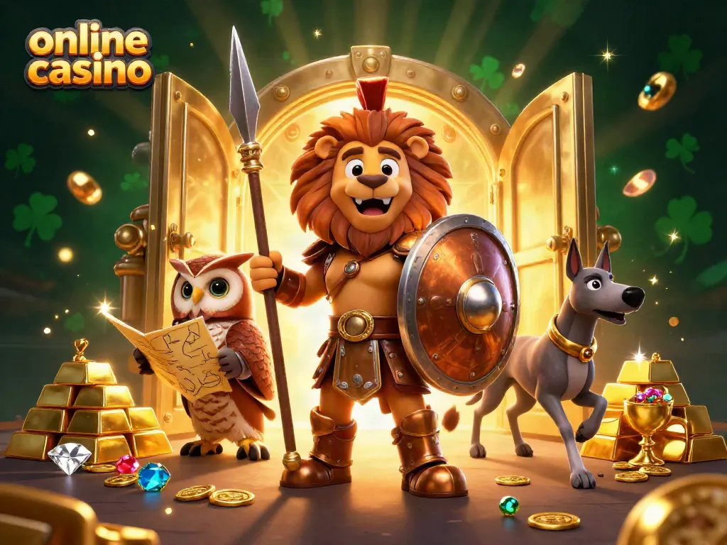 Juega en un casino online con una ilustración vibrante de un león espartano y elementos de juego.