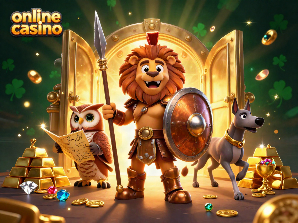 Juega en un casino online con una ilustración vibrante de un león espartano y elementos de juego.