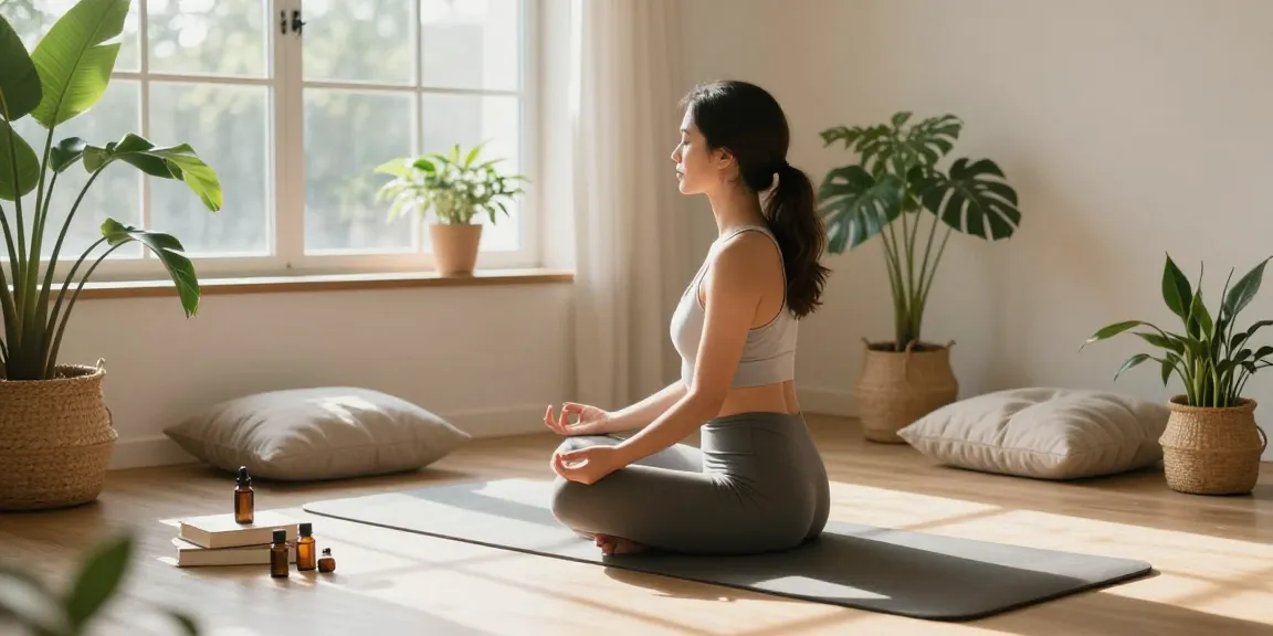 rokok88 mindfulness meditation scene with woman practicing yoga in a serene home environment.