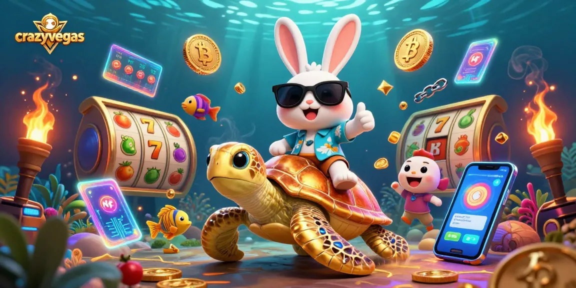 Experience thrilling casino vibes with crazyvegas as an adorable rabbit and golden turtle celebrate wins among vibrant slots and crypto coins.