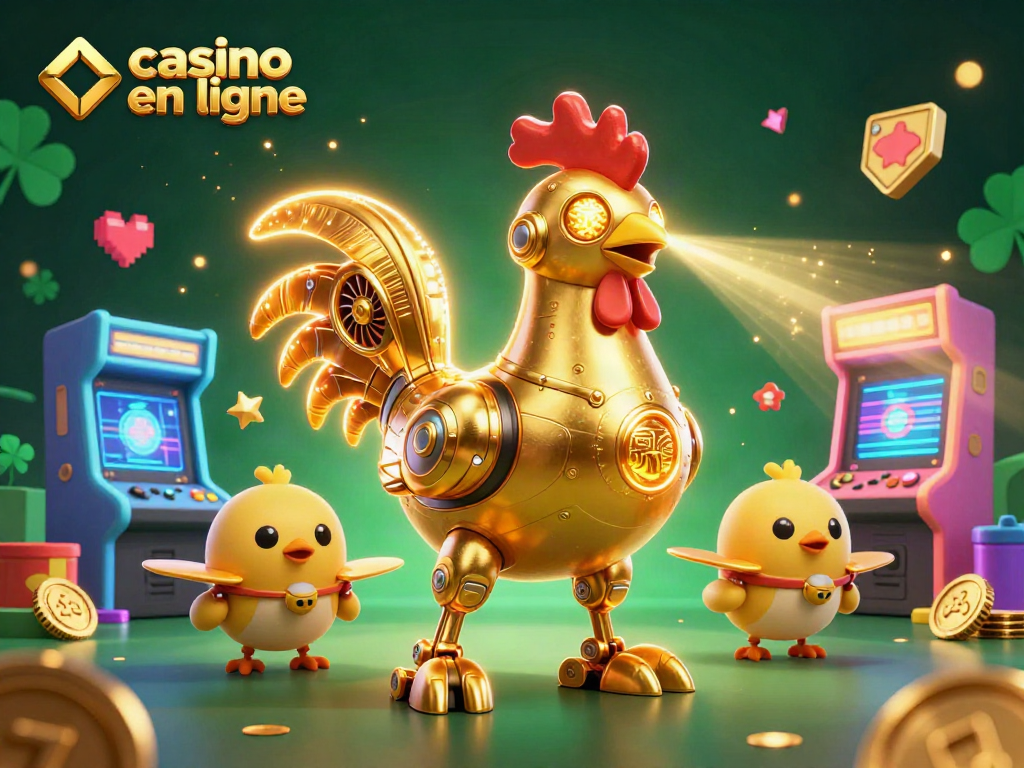 Jouez à casino en ligne avec ce robot coq doré et ses drones poussins, entourés de machines à sous colorées.