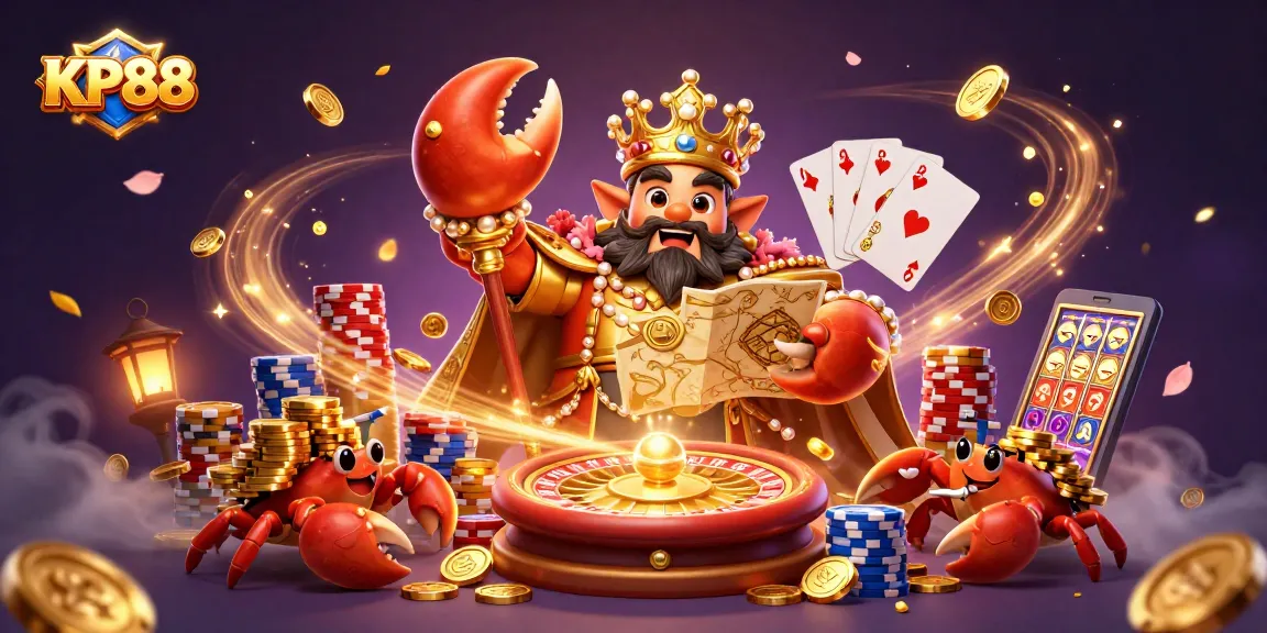 Engage with the captivating KP88 gaming atmosphere featuring a golden crab emperor amid swirling treasures.