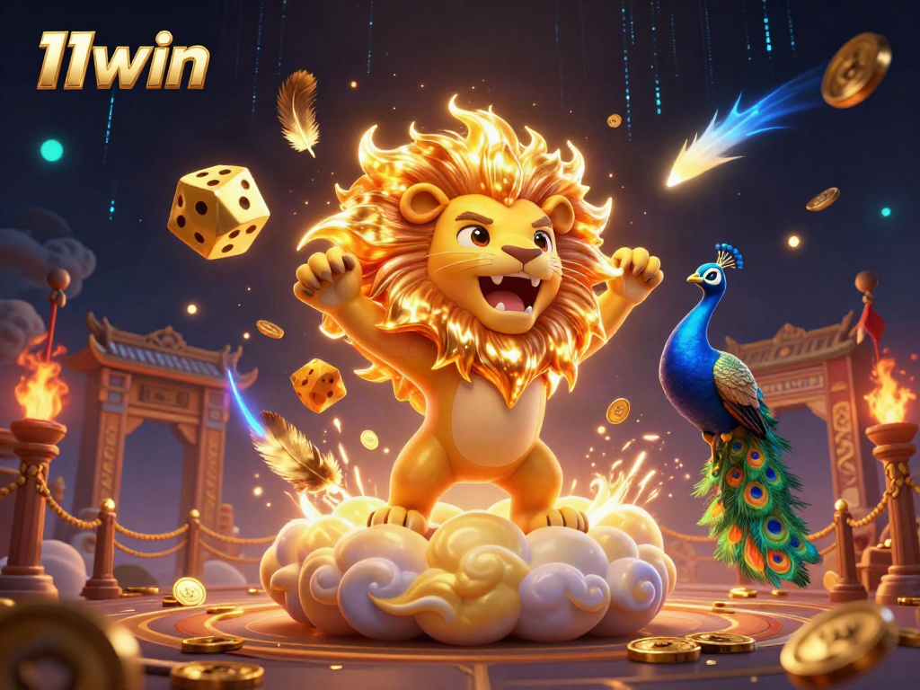 A dynamic scene showcasing 11win's casino experience with a roaring lion and golden dice amidst gaming elements.