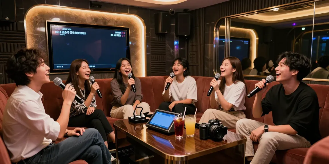 강남 달토의 고급스러운 가라오케 방에서 친구들이 즐겁게 노래를 부르고 있는 모습