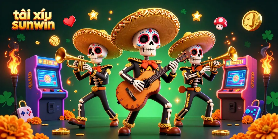 Engage in exciting tài xỉu sunwin gameplay with vibrant 3D mariachi band amid neon arcade elements.