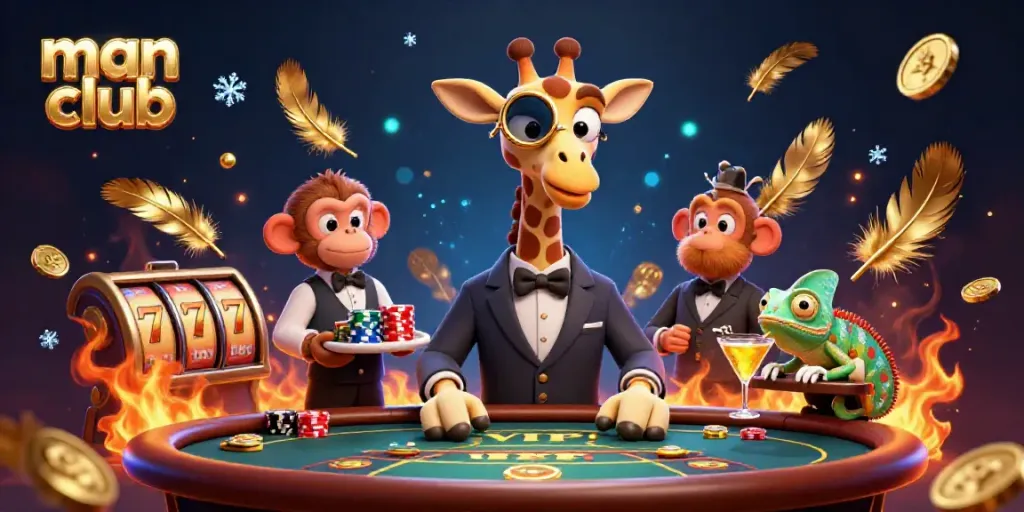 Engage with the man club at a vibrant casino scene featuring a high-roller giraffe and animated characters.