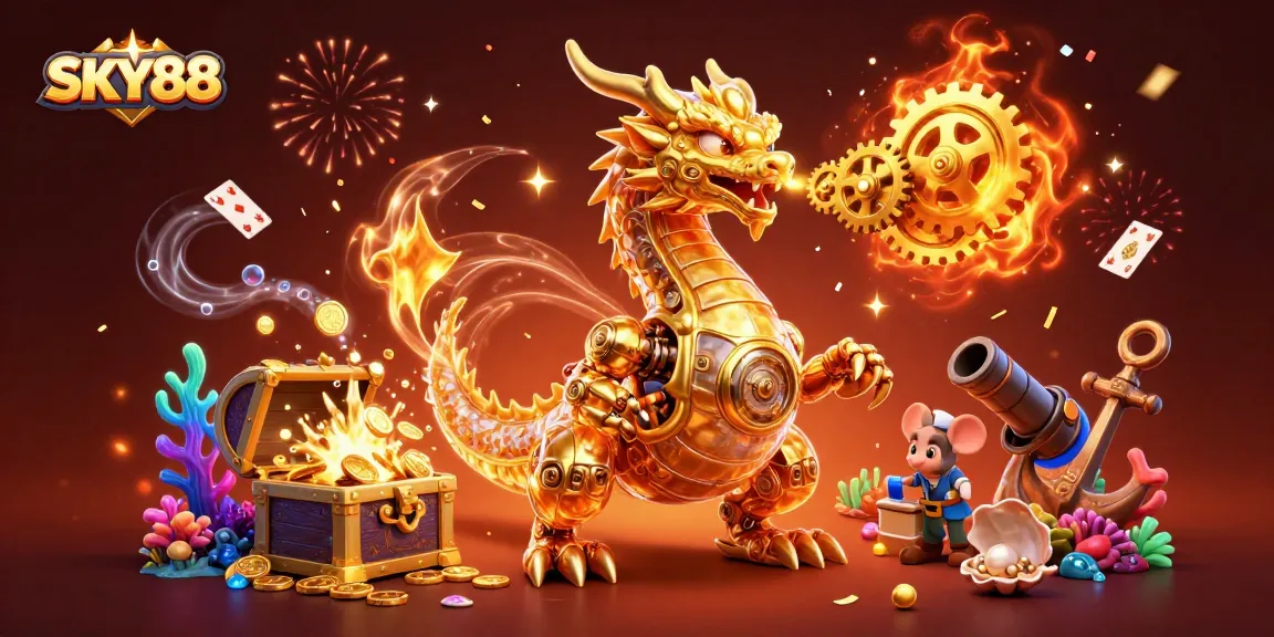 Join the excitement at SKY88 with a golden dragon and treasure in an engaging casino scene.