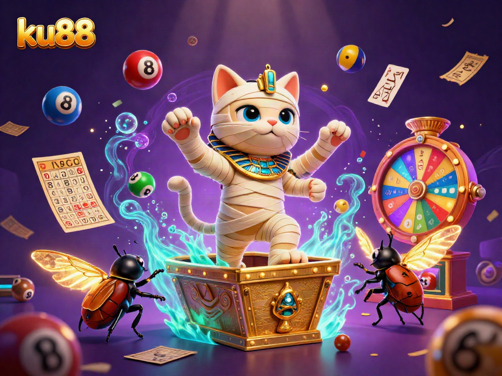 Experience the thrill of ku88 with a vibrant 3D illustration of a mummy cat and casino elements.