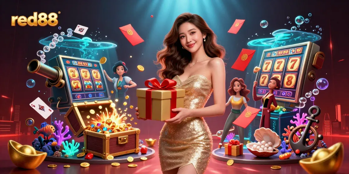 Experience the excitement of red88 casino with golden coins spilling from a gift box among festive elements.