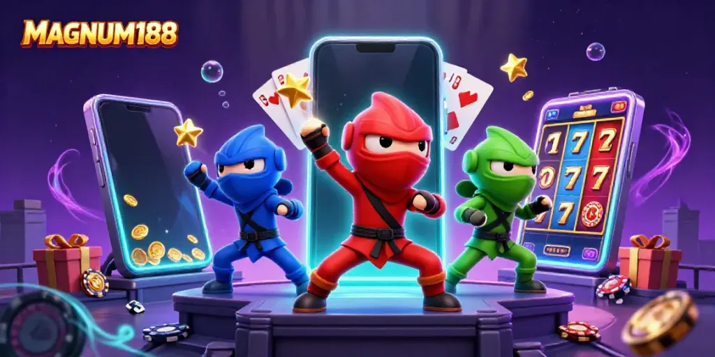 Engage in thrilling action with MAGNUM188's ninja chameleon trio showcasing martial arts amidst colorful casino elements.
