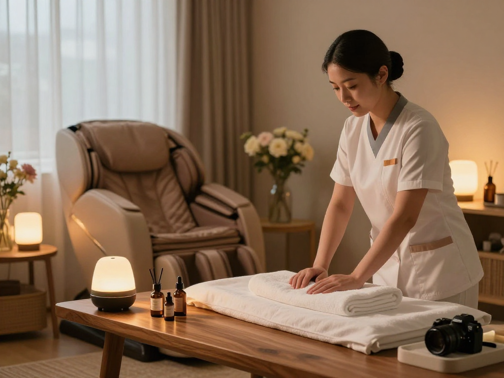 안양출장마사지 in a cozy home setting with a therapist preparing for a soothing massage session.