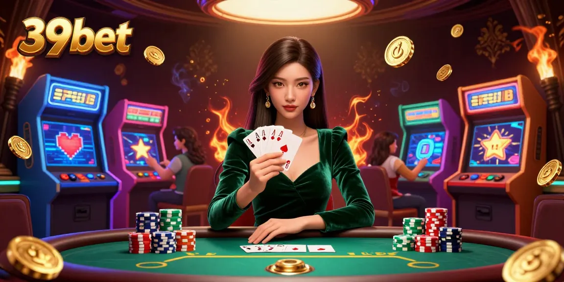 Experience the thrill of poker with 39bet as a stunning Asian woman plays her cards expertly.
