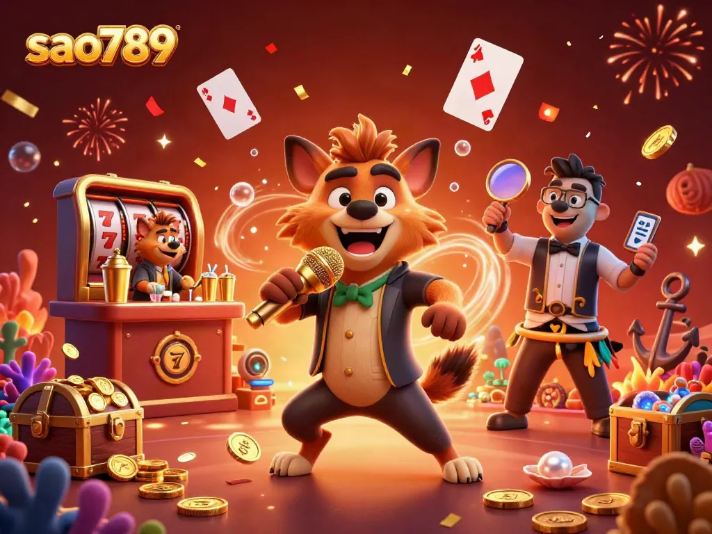 Experience the vibrant sao789 casino atmosphere with hyenas hosting games and entertainment amid floating playing cards.