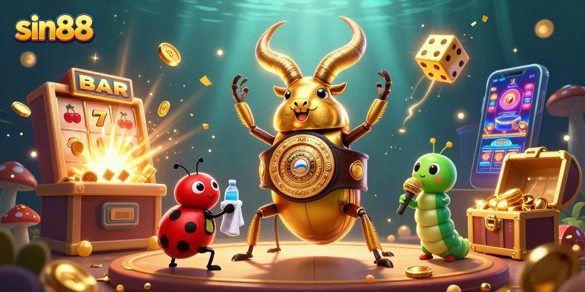 Experience sin88's vibrant casino action with a golden beetle champion and dynamic gaming elements.