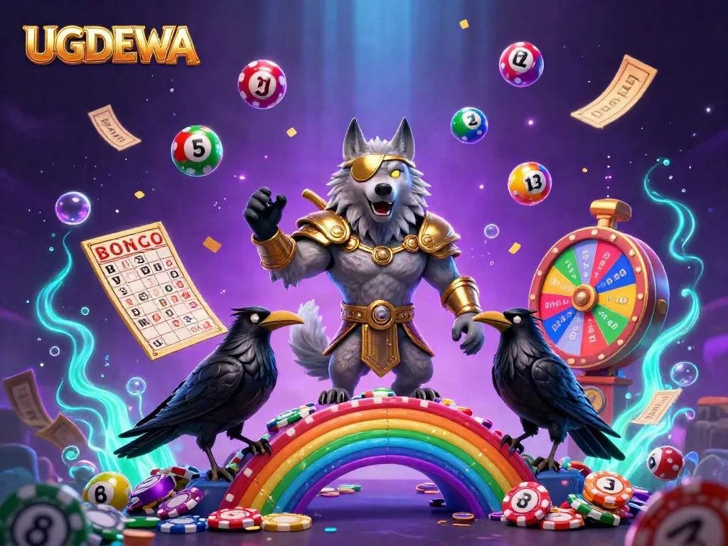 Experience the excitement of UGDEWA with vibrant lottery elements and characters in a 3D digital scene.