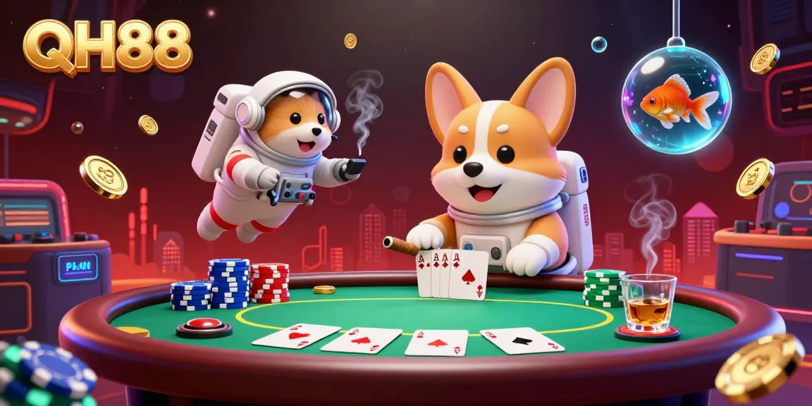 Engage with the lively scene of QH88, featuring a floating corgi and dynamic poker game in a space station casino.