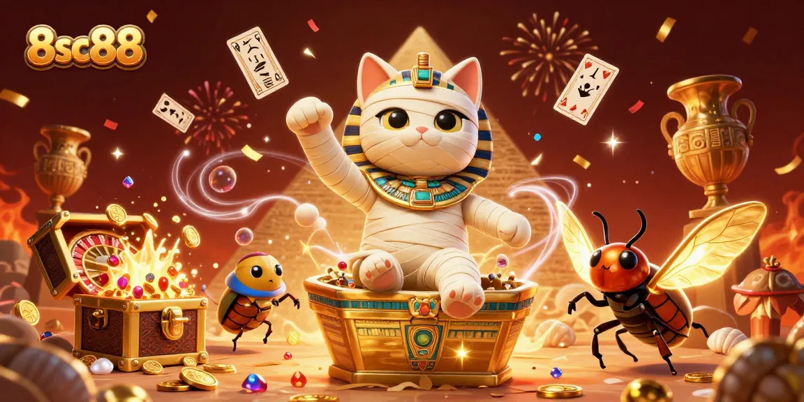 Play casino games with 8sc88 in a vibrant scene featuring an Egyptian mummy cat and scarab beetle.