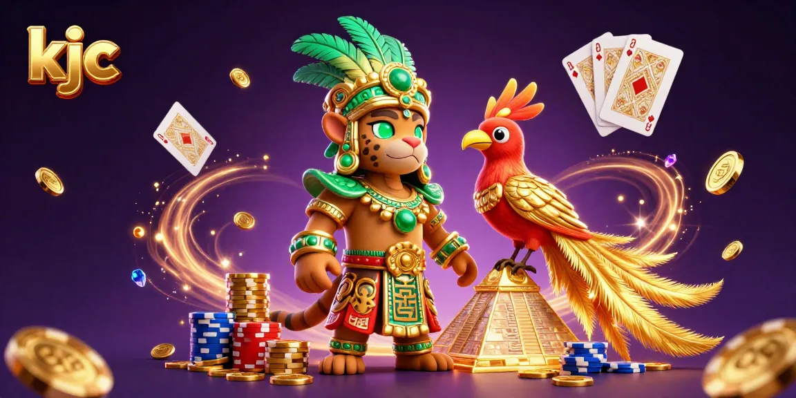 KJC offers vibrant casino action with a Mayan jaguar priest and a quetzal bird amid sparkling coins and cards.