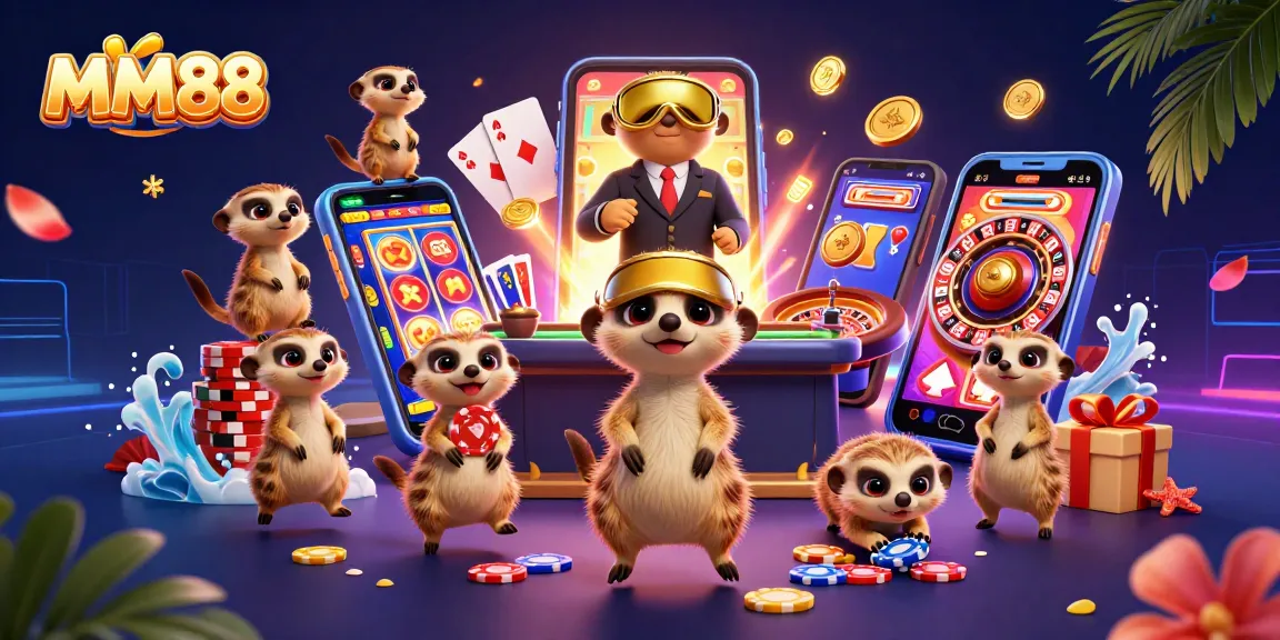 Experience MM88's vibrant casino scene with meerkats controlling games and escaping with chips.