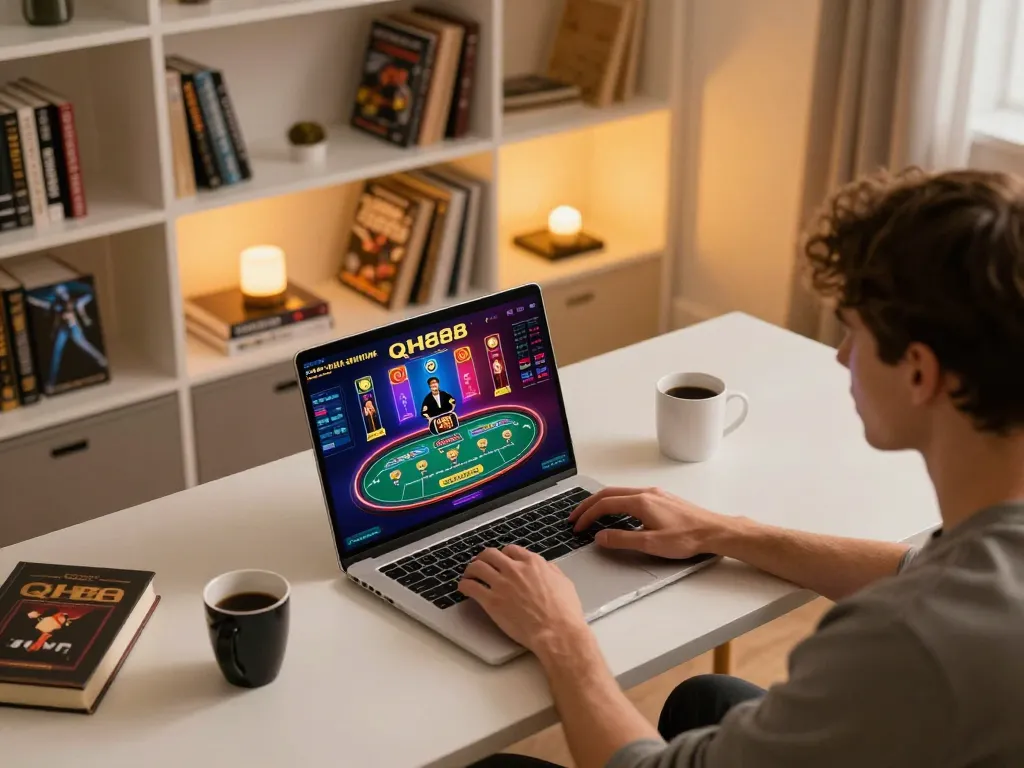Player enjoying interactive games on qh88go at a stylish gaming desk.