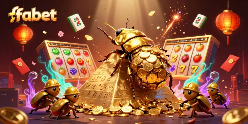 Engage with fabet's dynamic gaming atmosphere featuring golden elements and vibrant casino symbols.